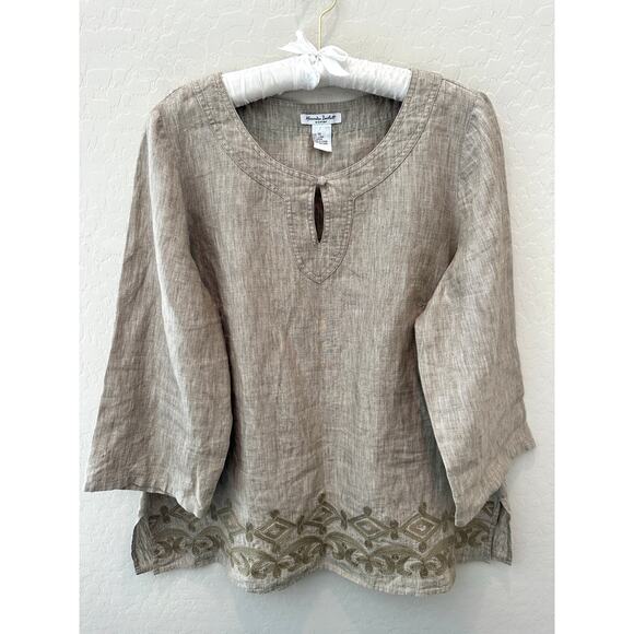 ALEXANDRA BARTLETT Woman Linen Blouse Beige Embroidered Hem Tunic Top | Size 1X - Picture 1 of 7